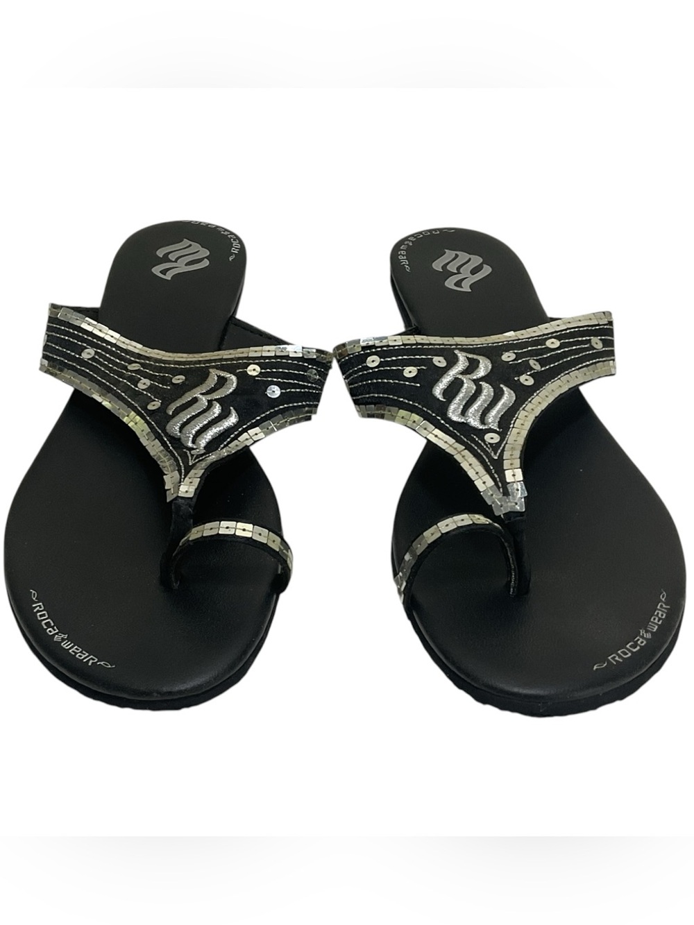 Rocawear Women’s Black Thong Sandals Flip Flops Beaded Sequin Logo Size 10